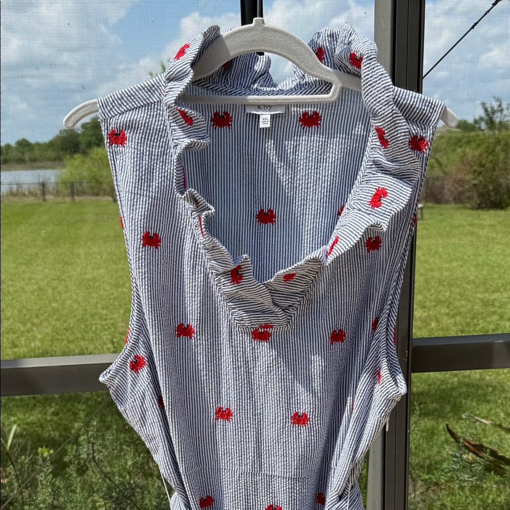 crown & ivy blue/White stripe Midi Dress with Red embroidered crabs & Tie Waist